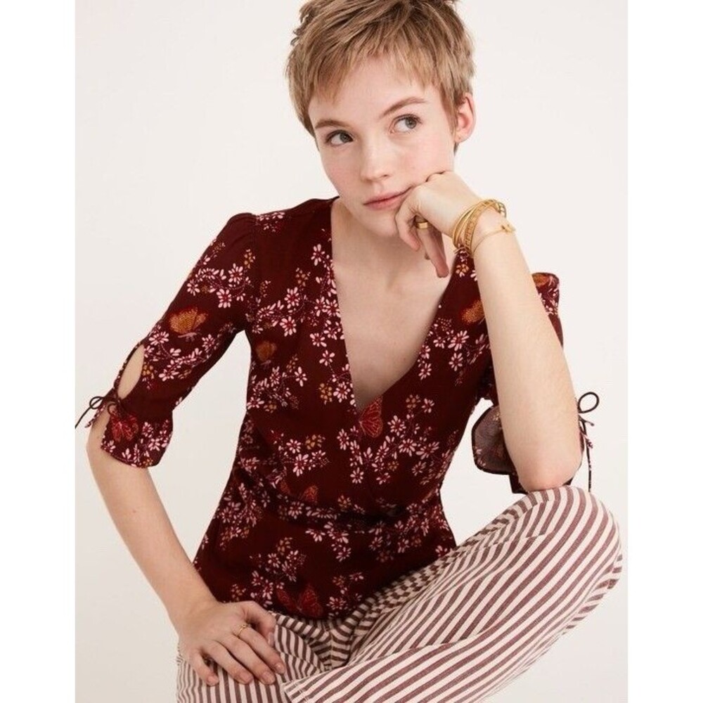 Madewell Tie-Sleeve Wrap Top In Butterfly Sanctuary Burgundy Floral Peplum Sz 0